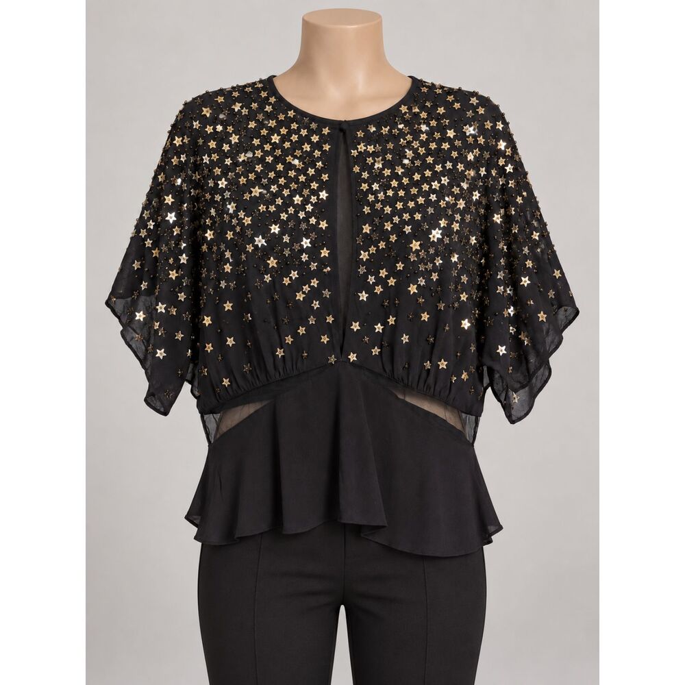 Topshop Black Star Sequin Beaded Cape Blouse Top Women’s US 8 UK 12